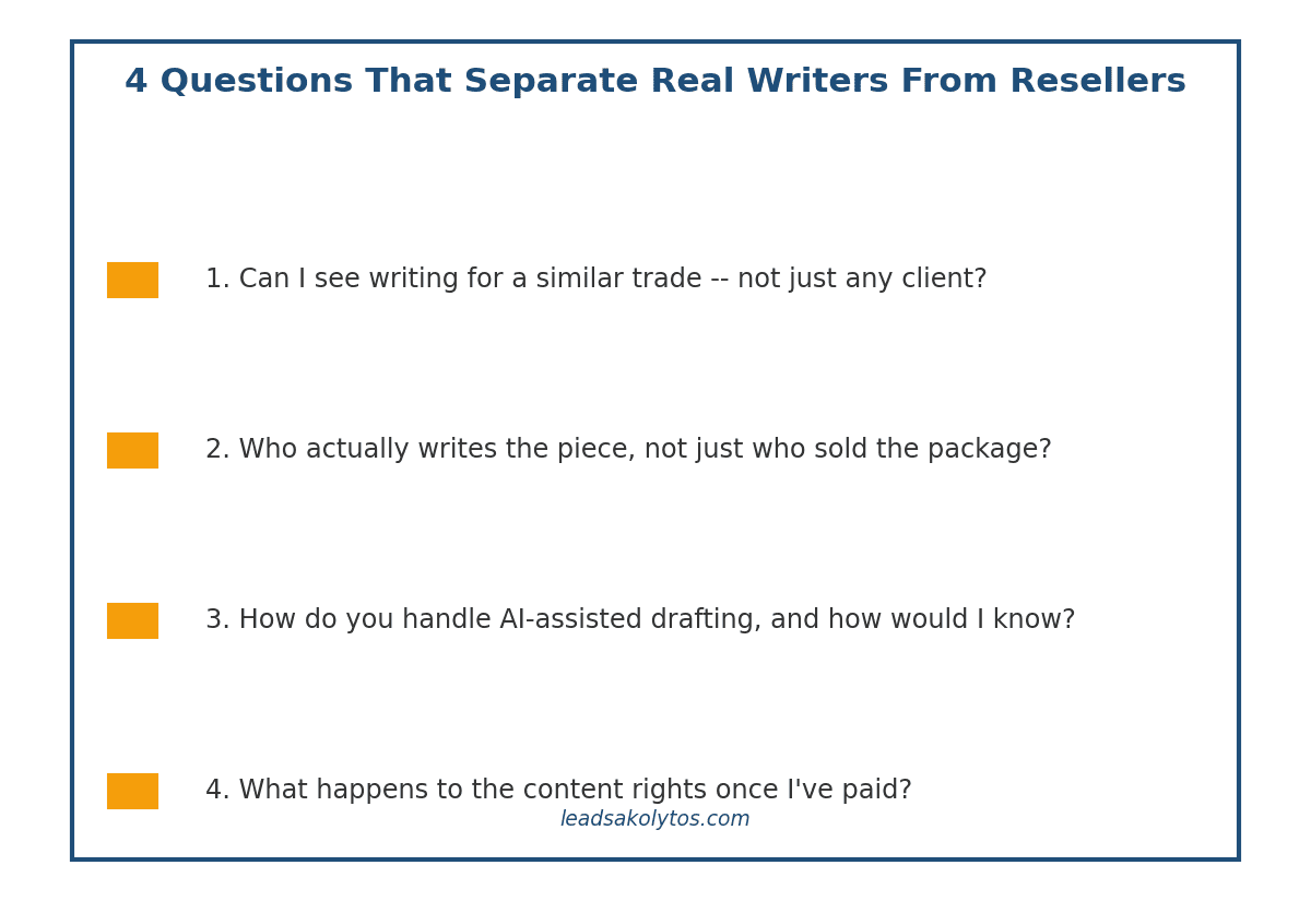 Checklist graphic showing four vetting questions to ask a content writer or content agency before you hire them.