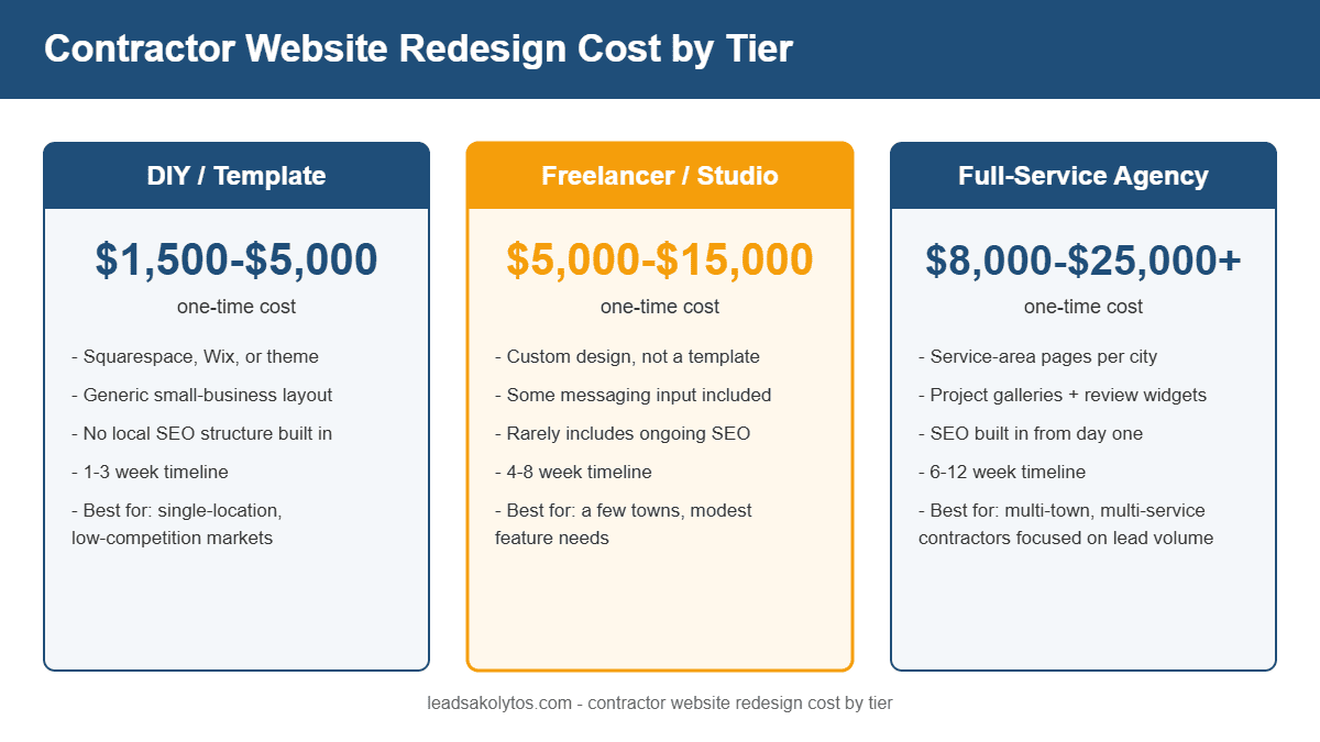 Contractor website redesign cost comparison chart showing DIY, freelancer, and full-service agency price tiers