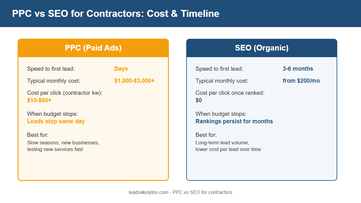 PPC management cost compared to SEO cost per lead for contractors