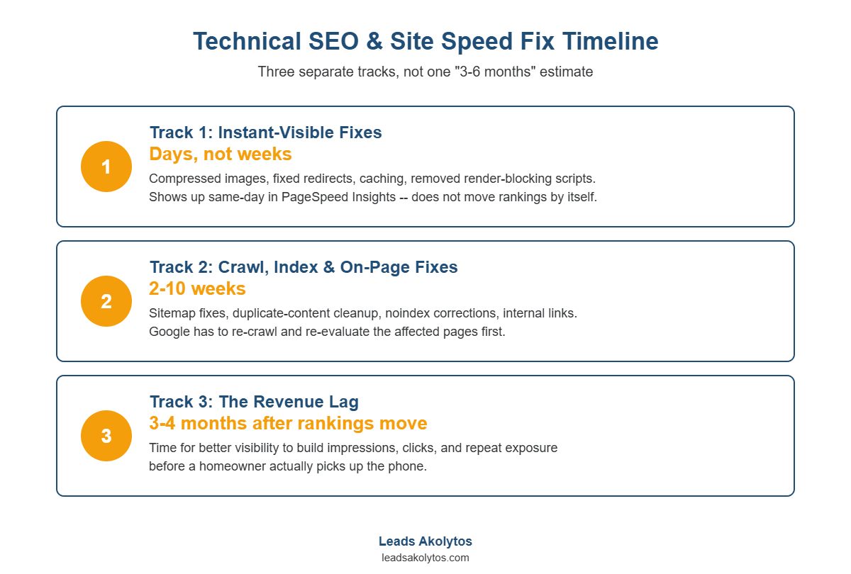 Technical SEO speed fix timeline showing three tracks: instant fixes in days, crawl and index fixes in 2-10 weeks, and a 3-4 month revenue lag after rankings move.