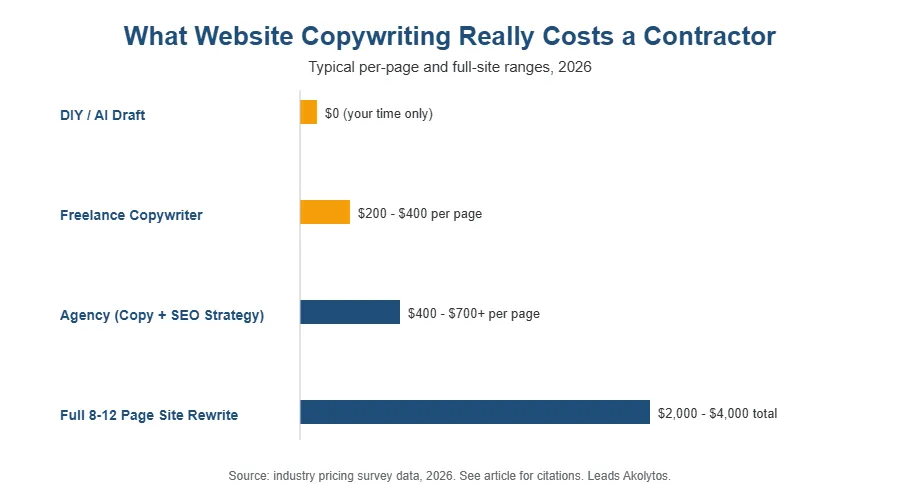 Cost comparison chart for DIY, freelance, agency, and bundled authoritative content creation cost options for contractor websites